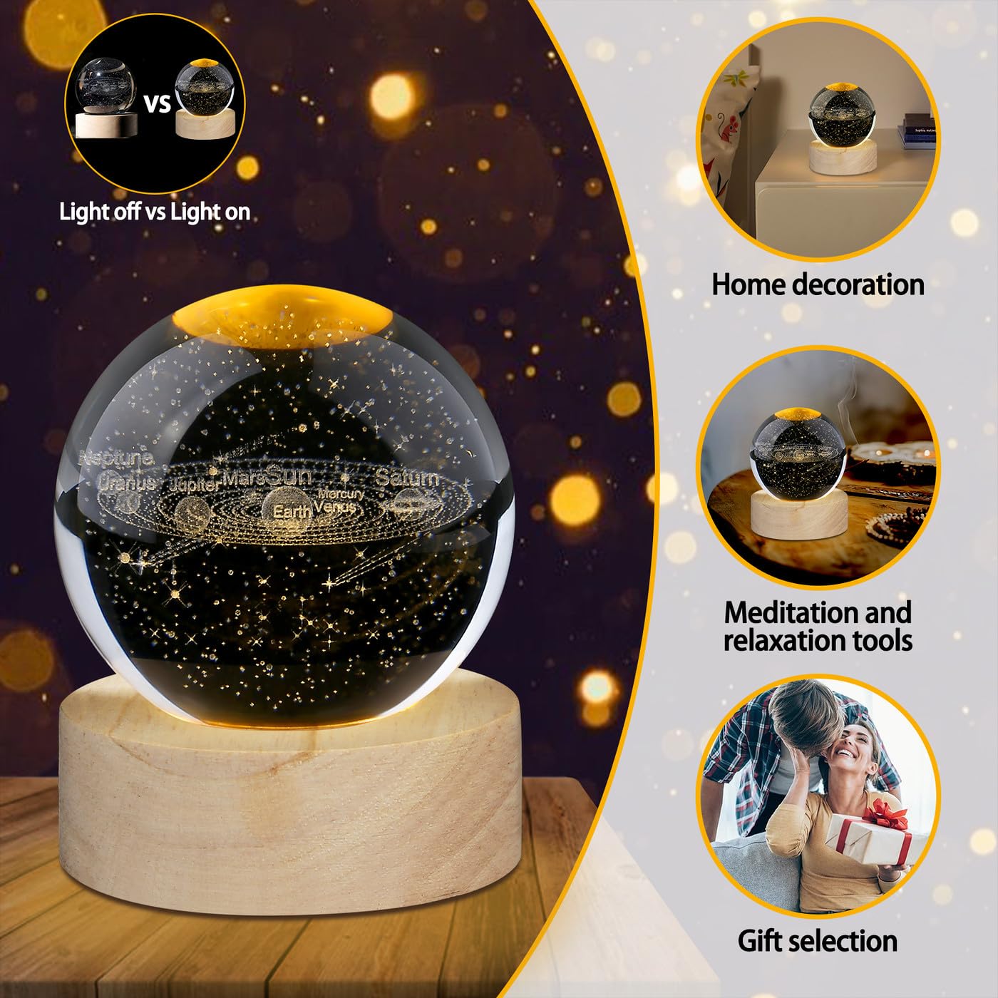 DUQGUHO Solar System Crystal Ball Lamp 2.4inch 3D Universe Astronomy Decor Quartz Glass Ball Globe Figurine Night Light Space Balls Decorative Science Gifts for Adults