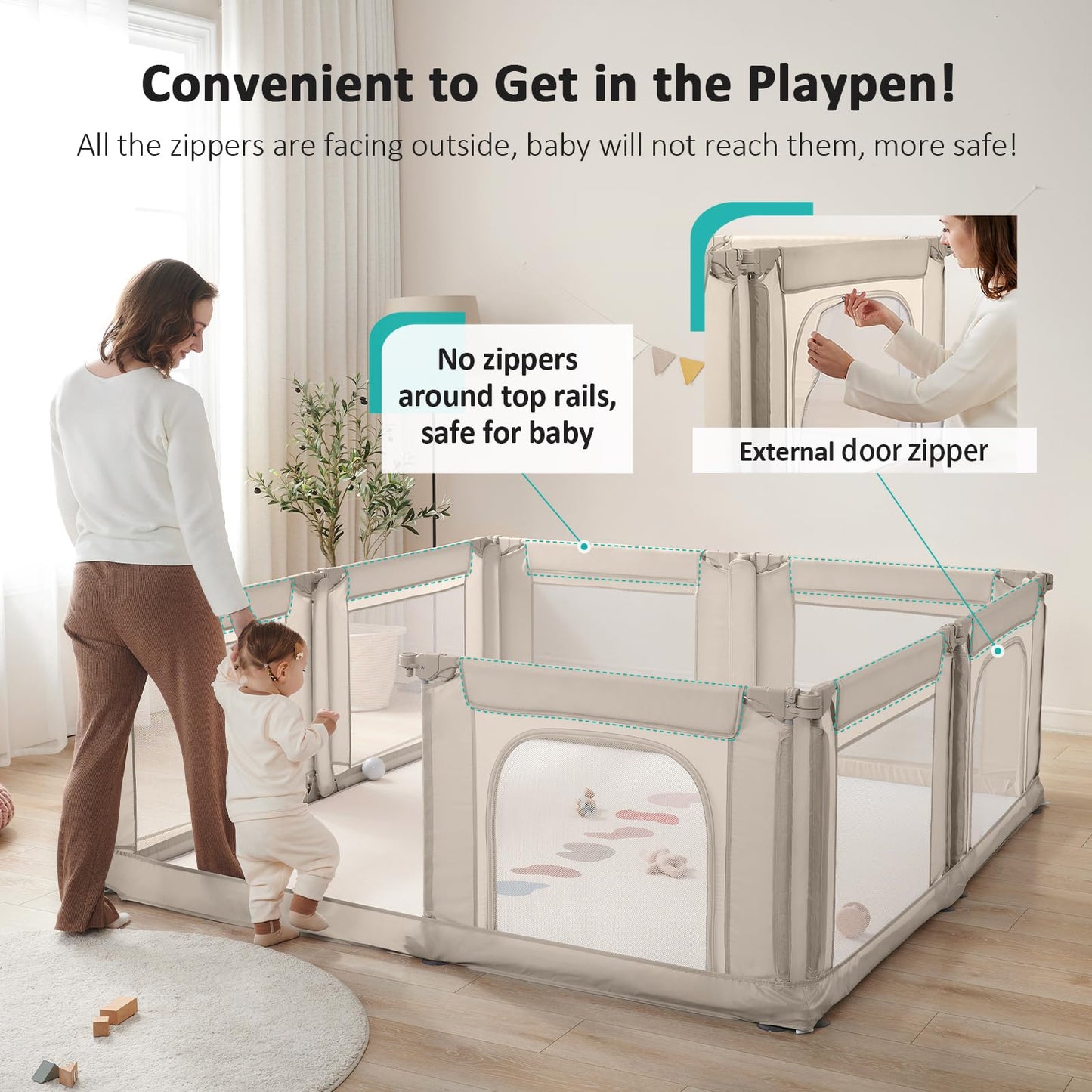 Doradotey Baby Playpen, Shape &Size Adjustable Large Baby Playard for Babies and Toddlers, Foldable Playpen Fence Indoors Play Center Yards, Breathable Mesh Anti-Fall Play Pen 79x71, Cream