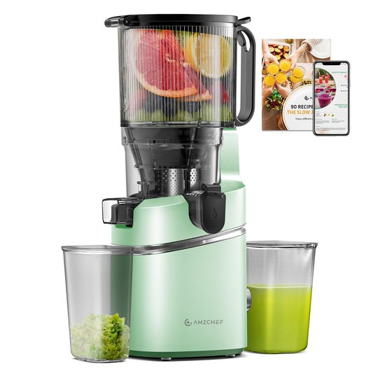 AMZCHEF Cold Press Juicer with 6.5" Large Feed Chute, Slow Masticating Juicer for Whole Fruits & Vegetables, 3-Layer Strainer, Copper Motor, High Juice Yield, Easy to Clean, Green