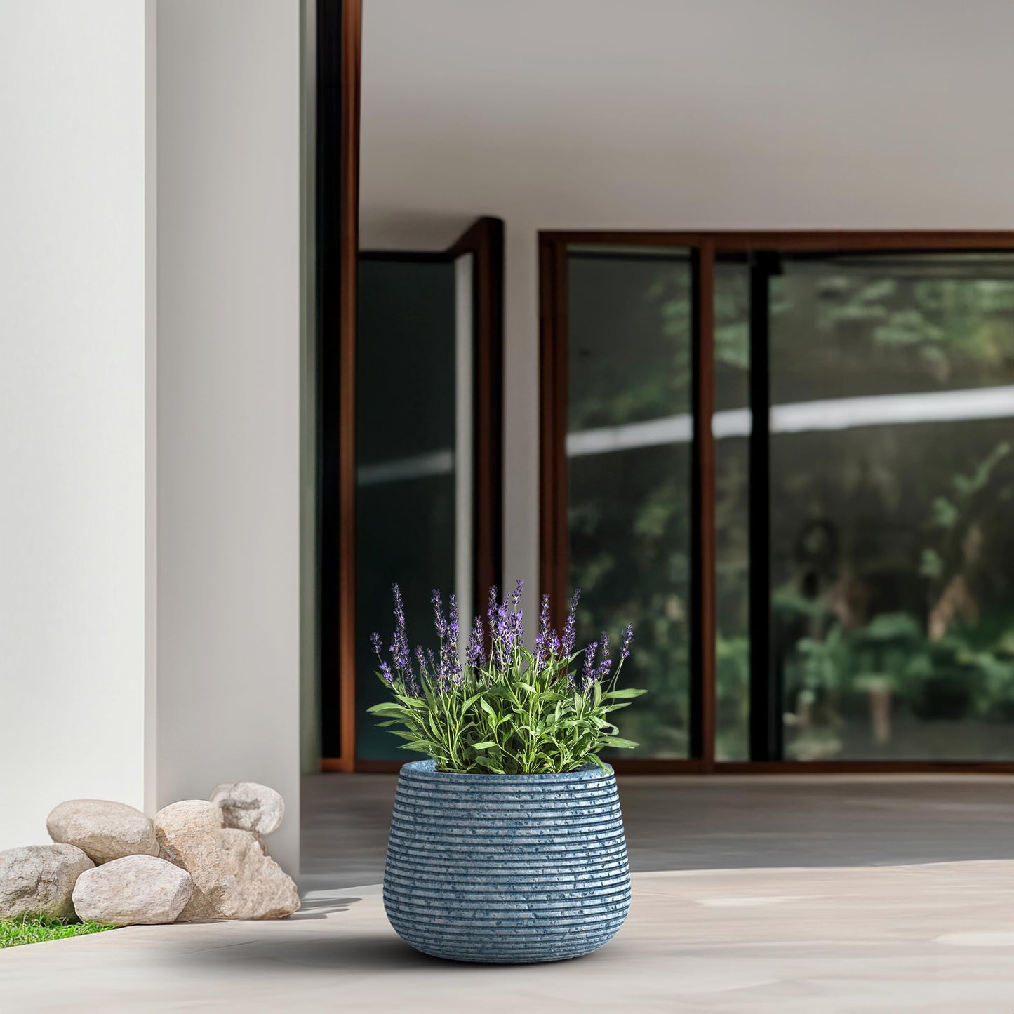 Humid Jade Round Concrete Planter, 12.5 Inch Dia Mineral-Toned Surface Plant Pot with Drainage Hole and Plug, Ideal for Succulents, Flowers and Trees for Porch, Patio or Home, Celestial Blue Vein
