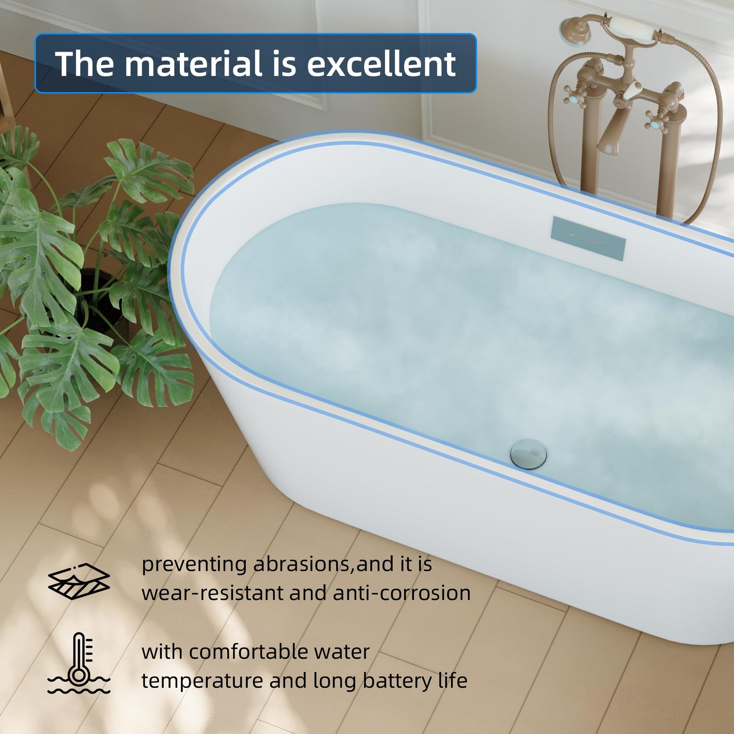 59'' Freestanding Bathtub, Deep Soaking Tub for Adults, Stand Alone Tub with Integrated Overflow Drain, cUPC Certified Modern Bathroom Tub, Acrylic, White