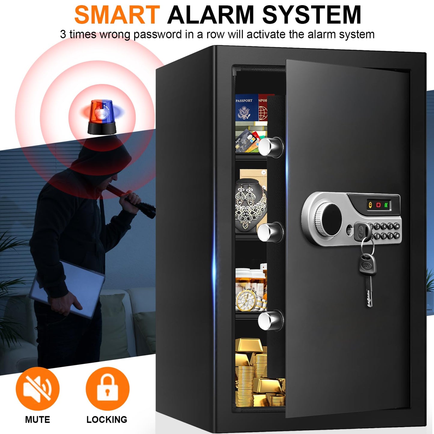 5.2 Cuft Large Fireproof Safe for Home Documents, Safety Box with Spare Keys, Alarm System & Removable Shelves, Home Safe Box Fireproof Waterproof for Money Medicine Jewelry