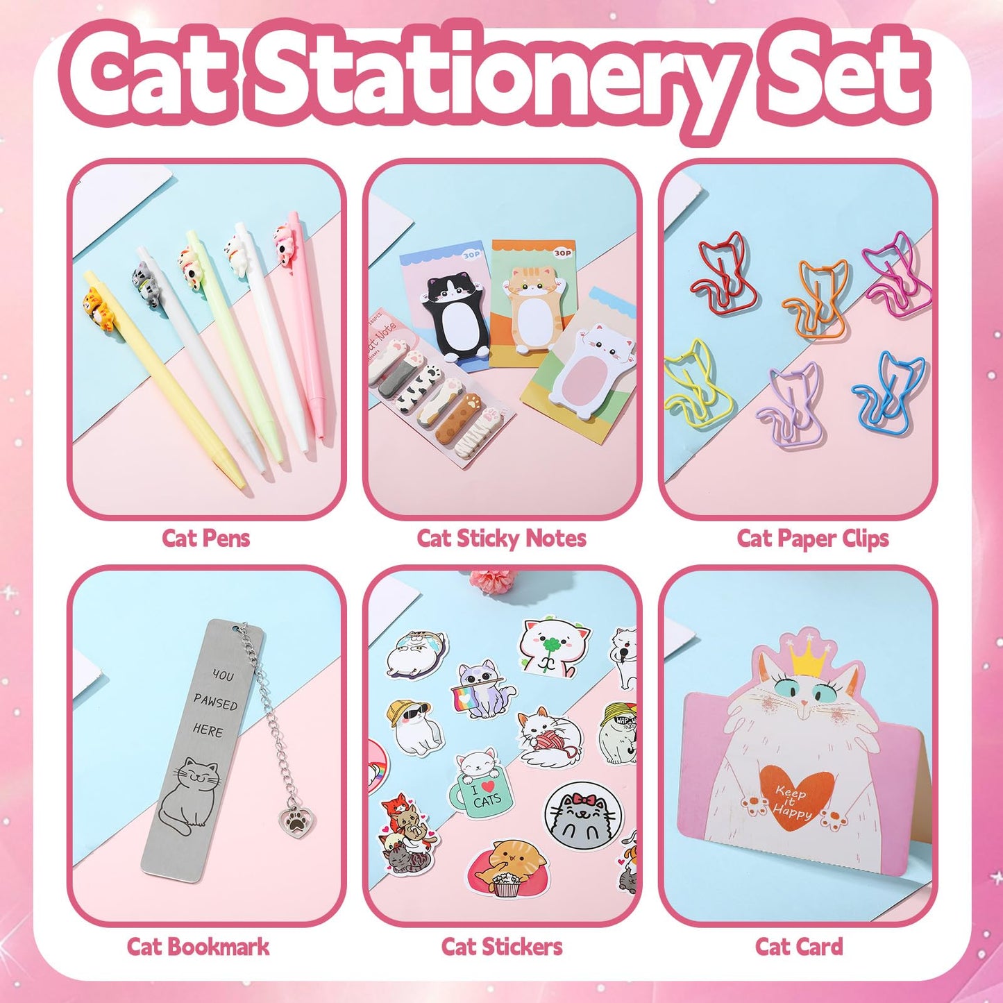 Cat Gifts for Cat Lovers Cat Office Supplies Canvas Tote Bag Spa Headband Cute Sticky Notepad Paper Clips Ballpoint Pen Cartoon Stickers Party Favor for Birthday Festival Gifts