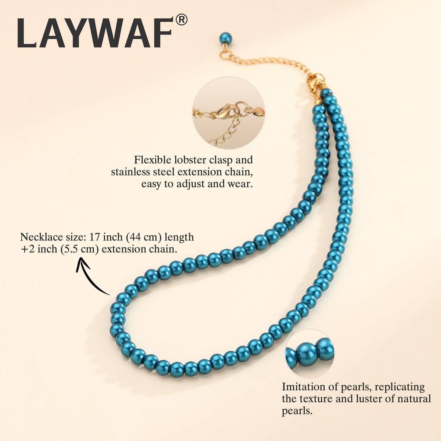 LAYWAF 6MM Imitation Pearl Necklace for Women, Fake Pearl Choker Navy Blue Beaded Necklace, Faux Pearl Costume Jewelry for Mom Wedding Bride Bridal