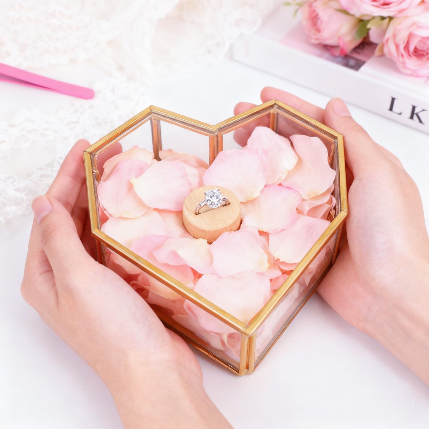 Himitimi Vintage Glass Jewelry Box Heart-Shaped Gold Keepsake Box with Hinged Lid Trinket Ring Earring Jewelry Organizer Valentines Day Gifts for Women and Girls