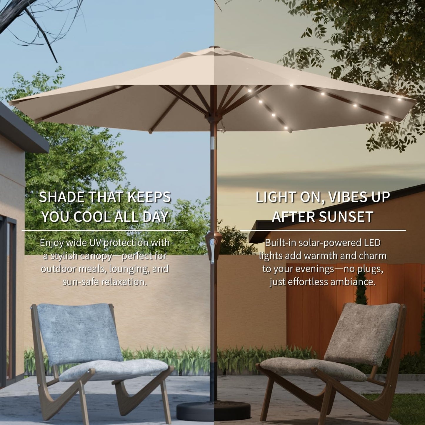 Patio Kingdom 10FT Solar Umbrella 32 LED Lighted Patio Umbrella Table Market Umbrella w/Tilt and Crank, UV-Resistant Outdoor Umbrella for Pool, Garden, Deck, Beige