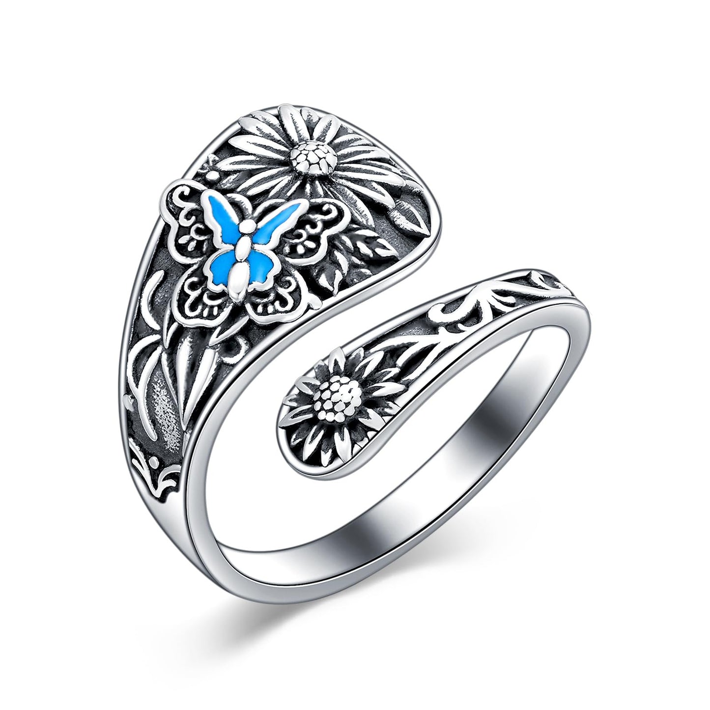Midari Butterfly Sunflower Spoon Rings 925 Sterling Silver Butterfly Ring Sunflower Ring for Women Adjustable Thumb Spoon Rings Vintage Finger Open Spoon Rings for Women Daughters