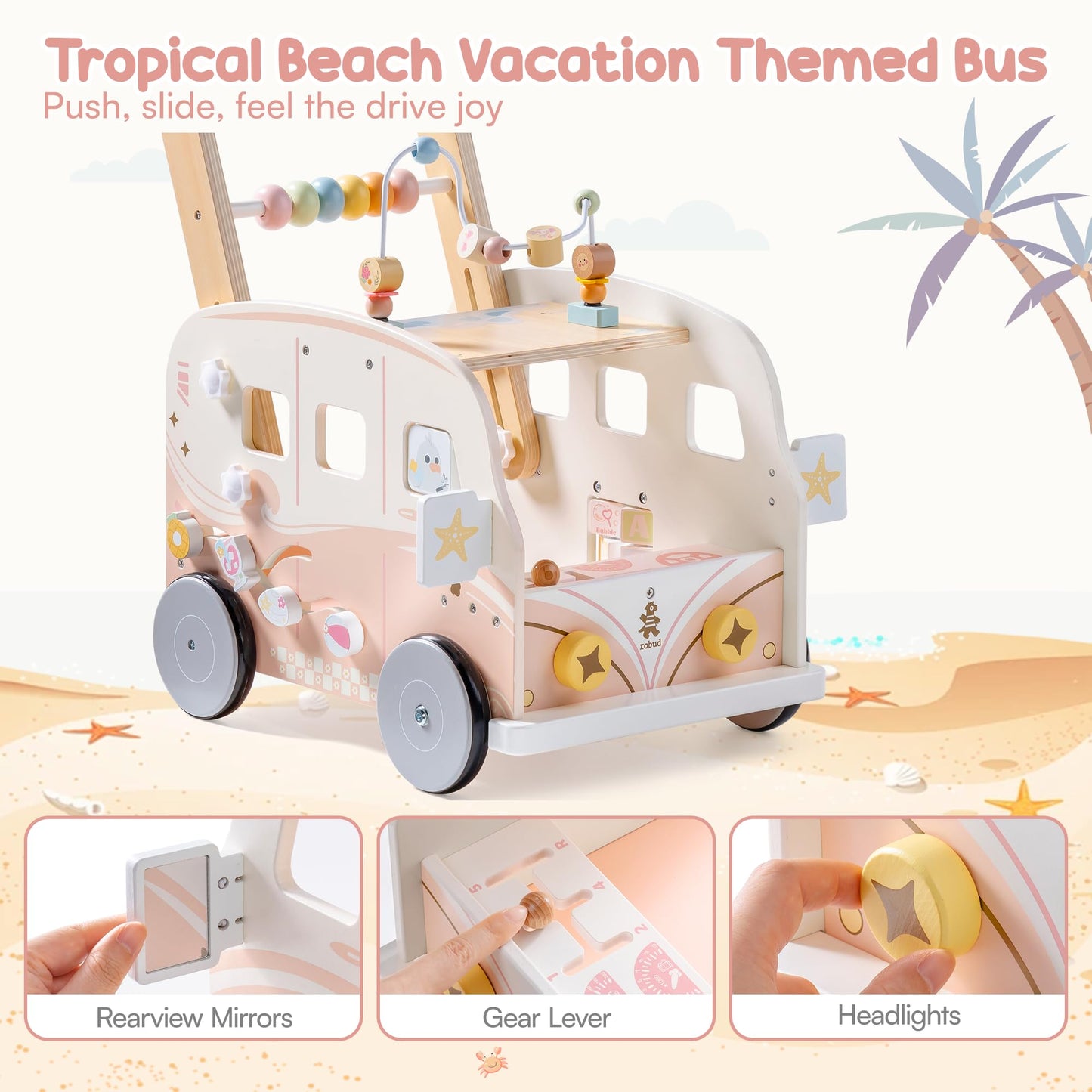 ROBUD Wooden Baby Walker, Height & Speed Adjustable Baby Push Walker with Anti-Slip Wheels, Developmental Activity Center with Ocean Vacation Theme, Wooden Walkers for Babies Learing to Walk，Pink