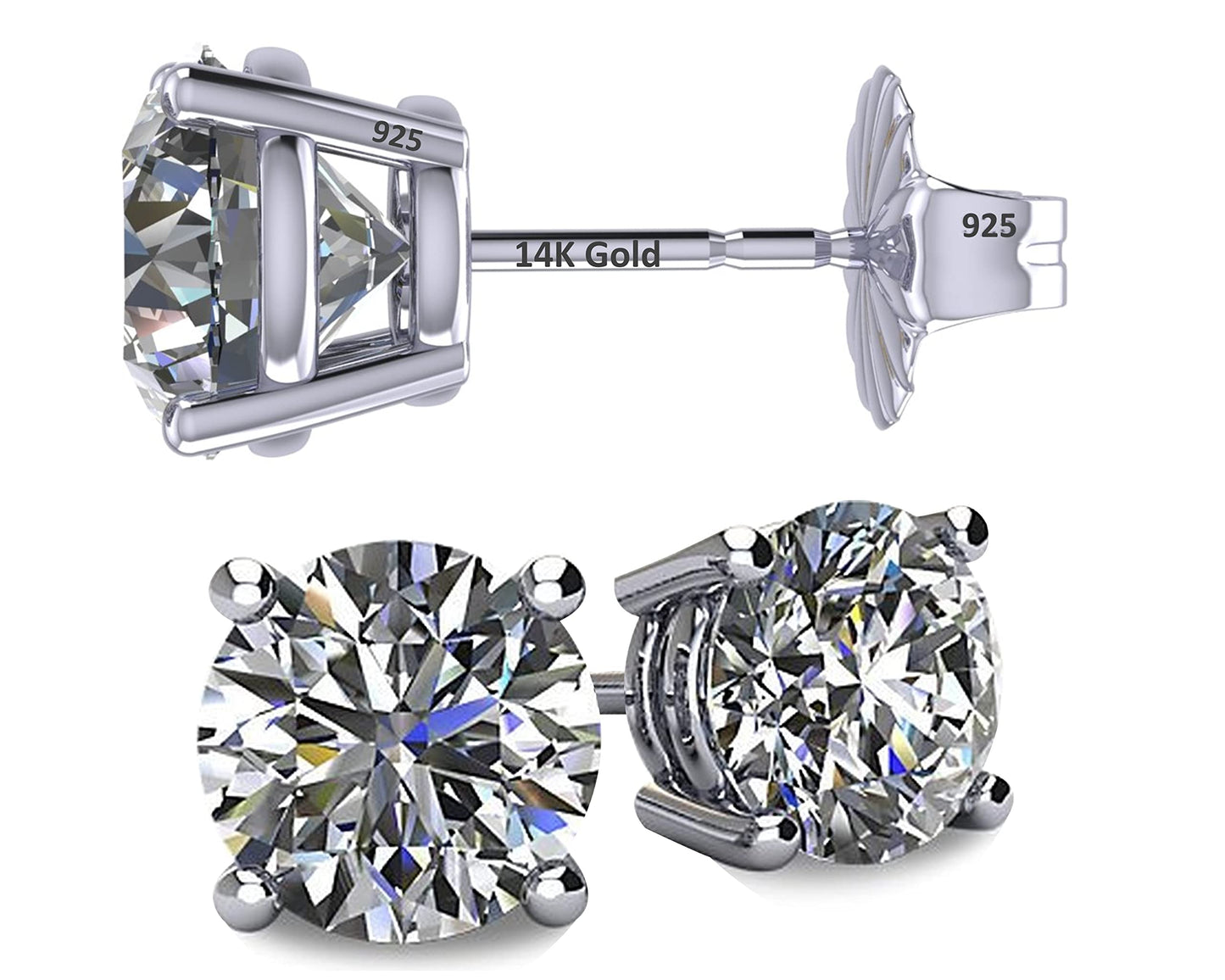 Central Diamond Center 14K Solid Gold Post & Sterling Silver Made with Swarovski 4 Prong CZ Stud Earrings - Platinum Plated - 5.50mm - 1.50cttw