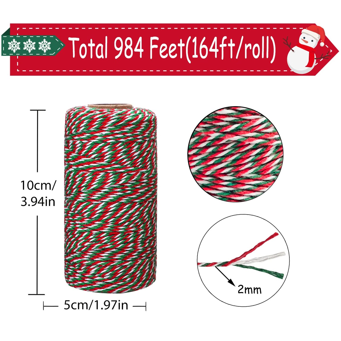 Doumeny 6 Rolls Christmas Cotton Twine 984 Feet Xmas Bakers Cotton String Rope Red Green White Gift Wrapping Cord Natural Jute Ribbon Twine for Holiday Packing Baking Butchers DIY Handmade Arts Crafts