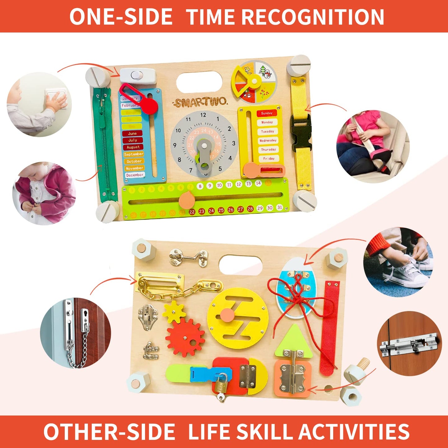 Smartwo Montessori Large Double-Sided Busy Board for 1 2 3 4 Year Old- Wooden Sensory Toys -Fidget Activity Board for Toddlers Boys and Girls- Motor Skills Gifts for ADHD & Autistic Children Kids