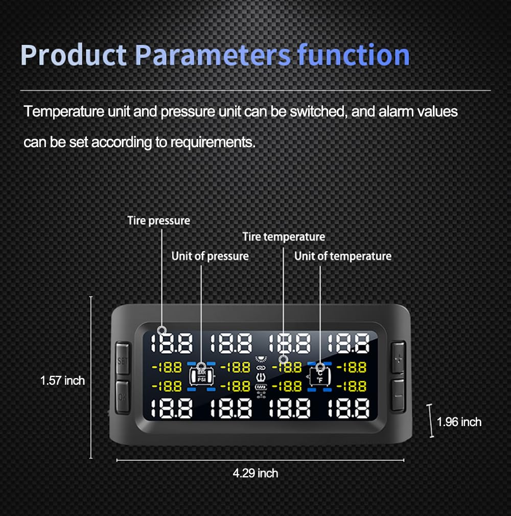 B-Qtech Tire Pressure Monitoring System Solar TPMS w/8 Flow Thru Sensors & Signal Repeater - Long Range Transmission for RV/Truck/Trailer/Camper, 7 Alert Modes Real Time Monitoring (0-199 PSI)