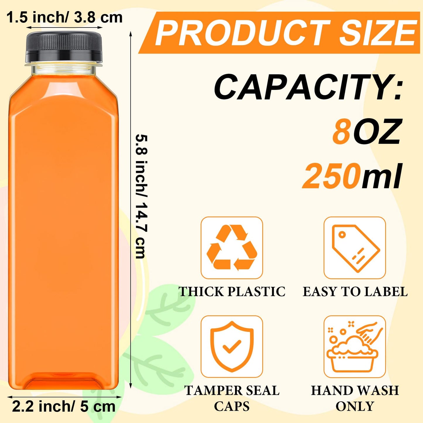 Xinnun 200 Pcs Plastic Juice Bottles with Caps Square Empty Clear Water Bottles Bulk Drinking Beverage Containers Reusable Empty Juicing Refillable PET Flasks with Lids for Drinks Smoothie(8oz,Black)