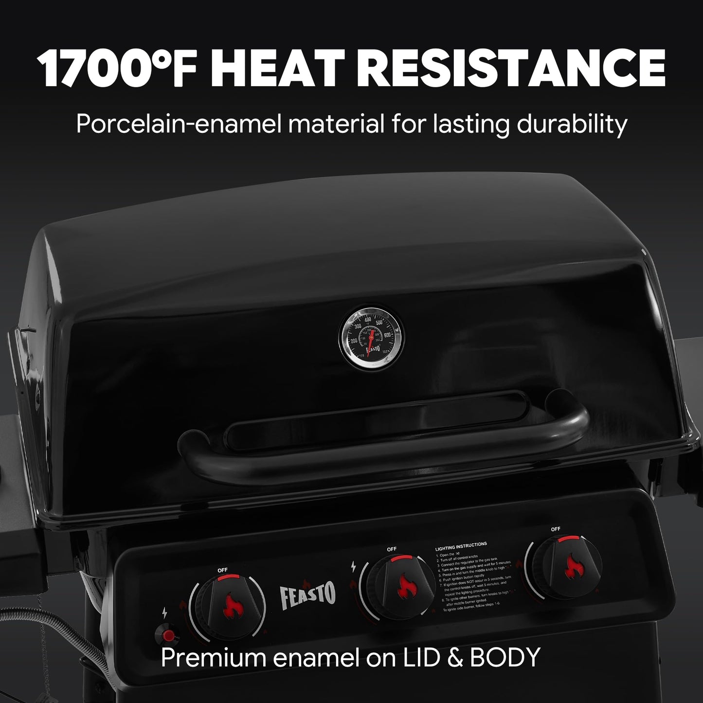 Feasto 3 Burner Propane Gas Grill with Side Burner, Porcelain-Enamel Main Body and Lid, Propane BBQ Grill with 38,000 BTUs Output & Side Table for Patio, Backyard, Poolside Gatherings