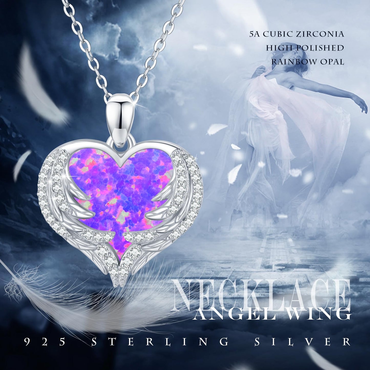 CUOKA MIRACLE Heart Necklace Angel Wing Heart Opal Necklace 925 Sterling Silver Women Necklace Guardian Angel Wings Pendant Necklace Dainty Opal Jewelry Birthday Gifts for Mom Women (Violet Opal Wings)