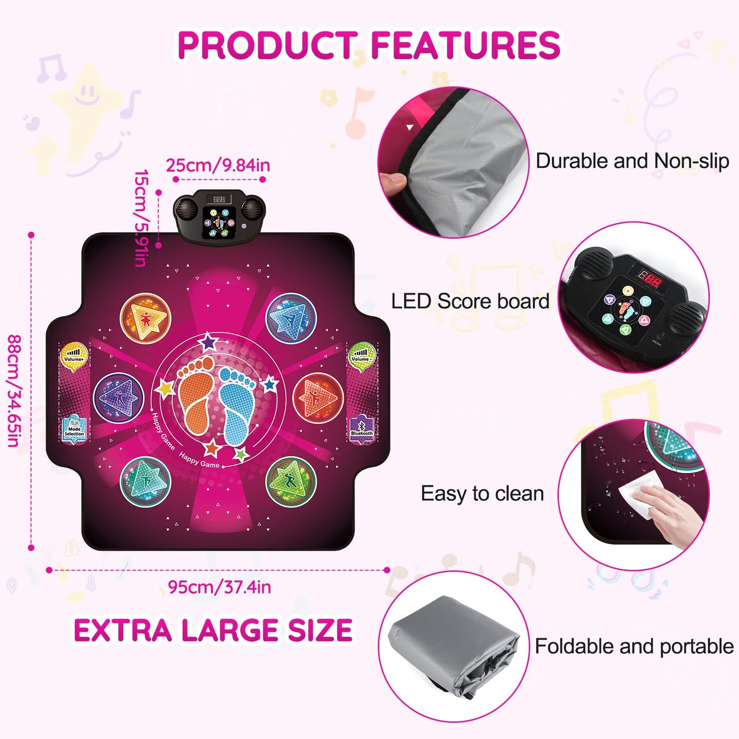 Electronic Dance mat for kids,Upgraded Light-up 6-Button Dancing Pad,Wireless Bluetooth toys,Birthday Christmax Musical Gifts for boys girls,Built-in Music Playmat,Ages 3 4 5 7 8 9 10 11 12+ Year Old