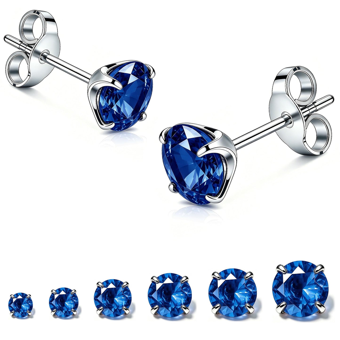 LNIEER 6 Pairs Surgical Steel Stud Earrings for Women, Hypoallergenic Fashion Earring Set, Premium Cubic Zirconia Studs Earrings 3-8mm (Royal blue CZ)