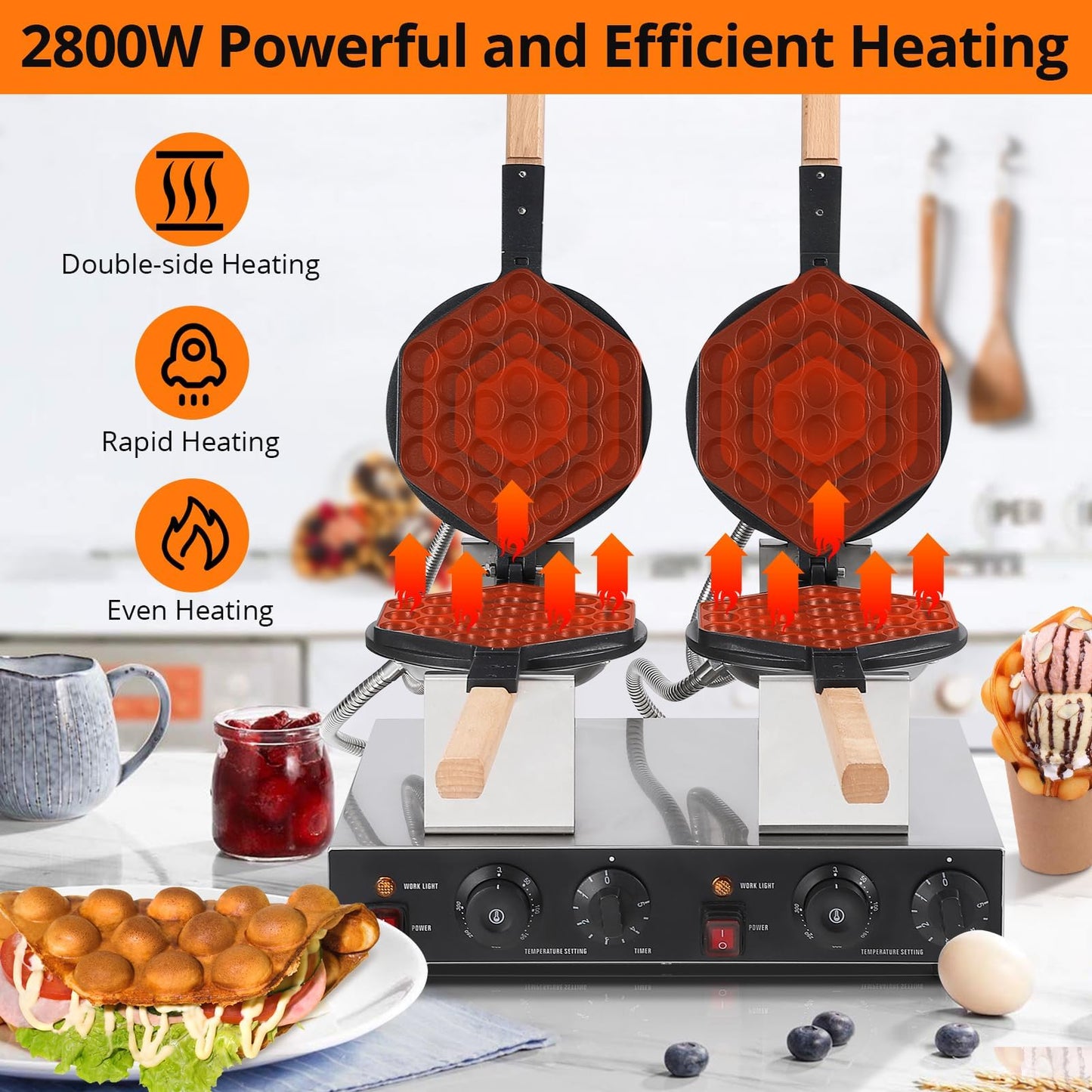 2800W Double Waffle Maker, Commercial Bubble Waffle Maker Machine, Non-Stick Egg Waffle Maker, Adjustable Temp & Timer, Fast Heating, Perfect for Snack Bars & Homes