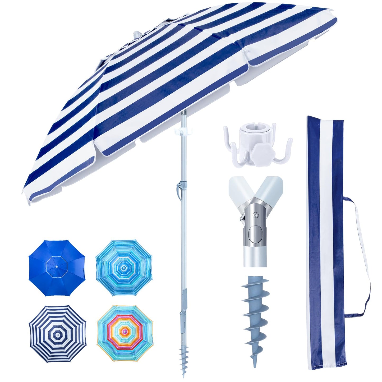 Tempera Heavy Duty High Wind Beach Umbrella with Sand Anchor & Carry Bag | Patio Outdoor Umbrella with Aluminum Frame and Push Button Tilt, Ideal for Garden Lawn, UPF 60+, Blue White Stripe
