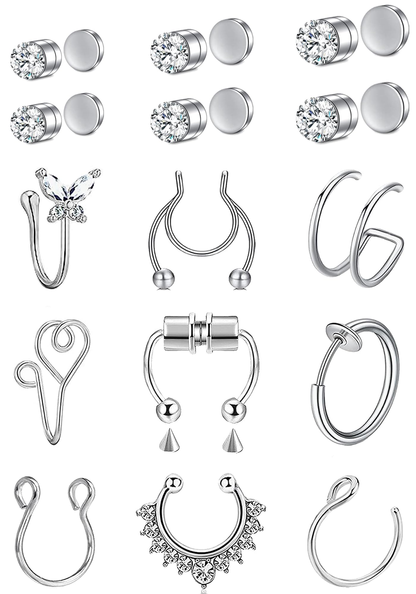 VitaCool Fake Nose Ring Hoop Magnetic Septum Nose Ring Stud Stainless Steel CZ Fake Piercing Faux Ear Lip Cuffs For Non Pierced for Women Men