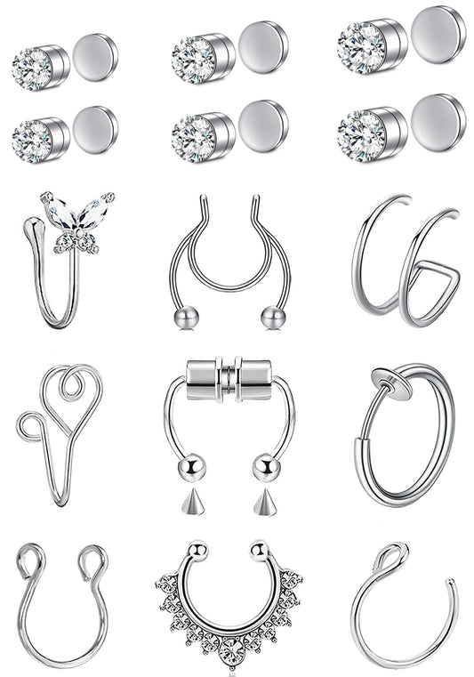 VitaCool Fake Nose Ring Hoop Magnetic Septum Nose Ring Stud Stainless Steel CZ Fake Piercing Faux Ear Lip Cuffs For Non Pierced for Women Men