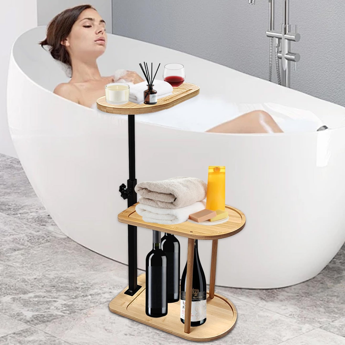 3 Layer Bath Tub Tray Table, Liftable Freestanding Bamboo Bath Tray Caddy for Tub Against Wall, Bath Table Tray Tub Shelf Bathroom Organizer Shelf for Luxury Spa, Bath Home Spa Bathtub Accessories