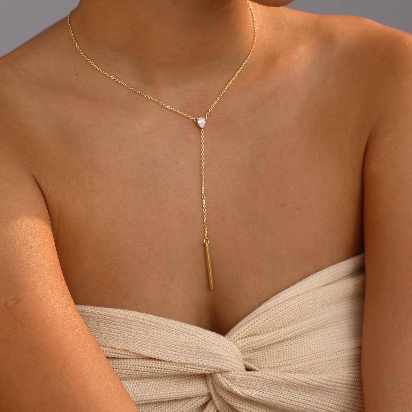 Fwlisesa Simple Necklace for Women, 14k Gold Plated Bar Lariat Necklace Dainty Long Necklaces Fashion Thin Chain Necklace Cute Y-Shaped Pendant Necklace Waterproof Jewelry for Women