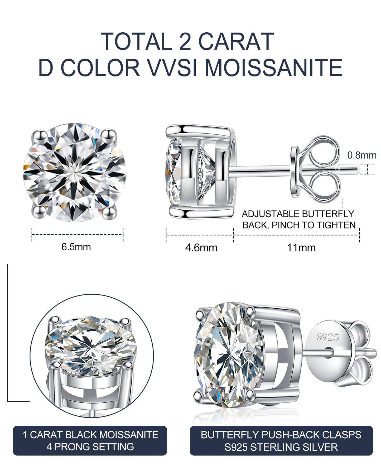 N9NEMUSES Moissanite Stud Earrings, 1 Carat Round Cut D Color VVS1 Clarity Lab Created Moissanite Earrings Studs 18K White Gold Plated 925 Sterling Silver Jewelry Gifts for Women Men