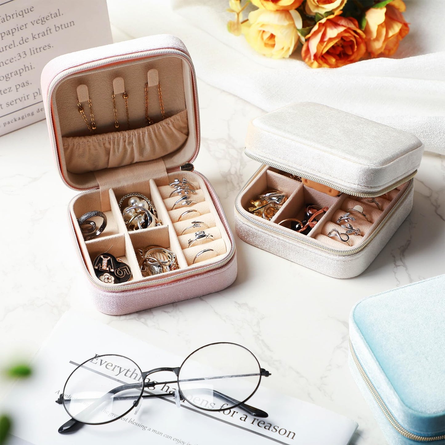 Kenning 12 Pcs Small Velvet Travel Jewelry Box Mini Jewelry Case Portable Organizer Pouch Bridesmaid Proposal Gift for Women(Square)