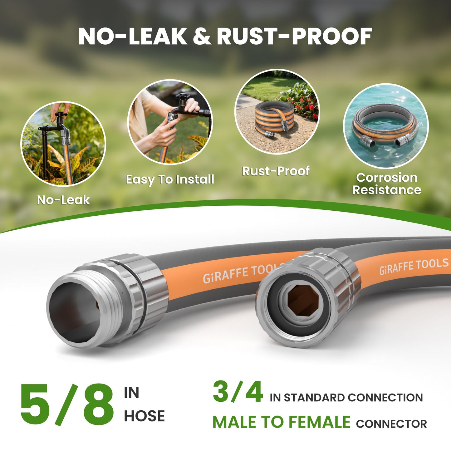 Giraffe Tools 25FT Garden Hose, 5/8" Lightweight Lay Flat Water Hose, No-Kink, Flexible Gardening Hose with Male to Female Aluminum Fitting, Customizable-Length Hose Pipe for Yard