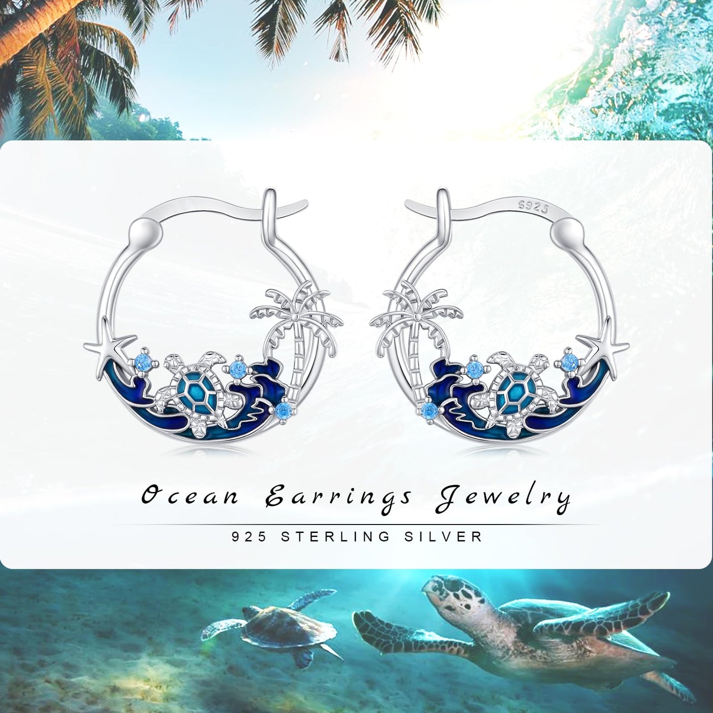 JUSTKIDSTOY Sea Turtle Earrings 925 Sterling Silver Ocean Hoop Earrings Wave Palm Tree Starfish Earrings Beach Themed Jewelry Turtle Graduation Gifts for Women Daughter Her