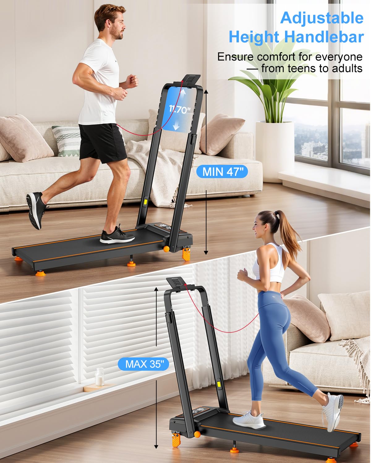 Walking Pad Treadmill with 15% Incline/Adjustable Height, Upgraded 3.5HP Walking Pad with Handle Bar, 4 in 1 Foldable Under Desk Treadmill, Electric Portable Treadmills for Home 350LBS, LED Display