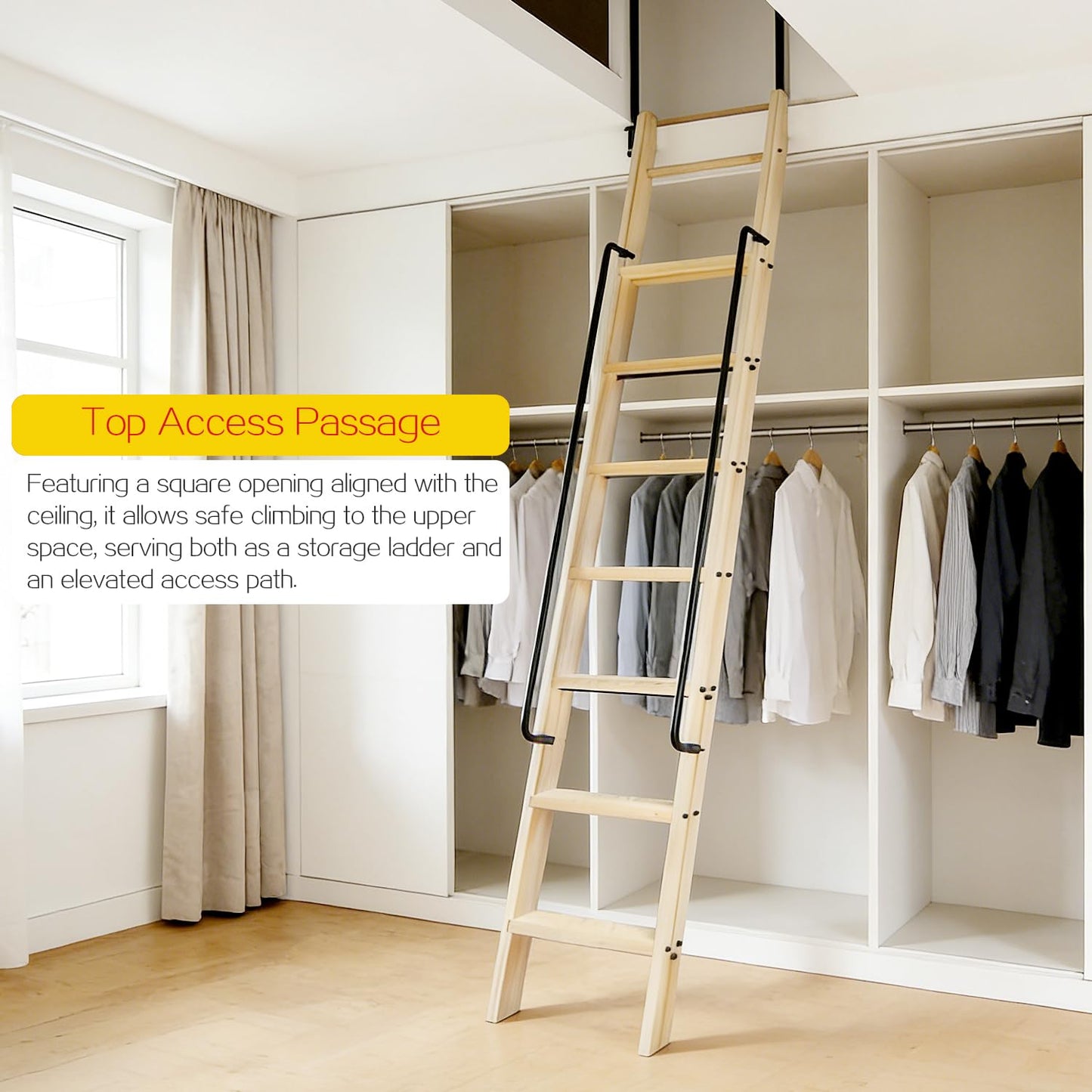 104RDHOUSE 87in Attic Rolling Library Ladder, 7 Step Wooden Ladder with,Loft Ladder Bookshelf,Wall Stairs Red Oak Stair Platform Bunkbed Ladder,for Home Kitchen,Warehouses,Bookstore,DIY Stain