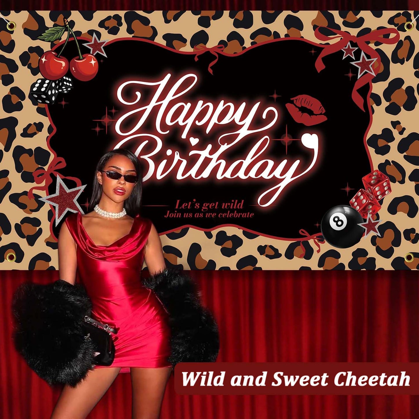 Cheetah Print Birthday Backdrop Decorations Kit, Black Red Cherry Leopard Print Balloons Birthday Banner Sash Hanging Swirls Pom Poms Cake Cupcake Topper for Girls Women