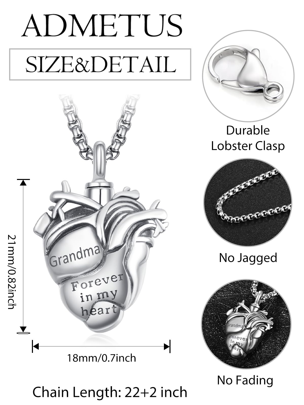 Anatomical Heart Urn Necklaces for Ashes Sterling Silver Ash Pendants Cremation Jewelry Grandma Keepsake Pendant Memorial Jewelry Gifts for Loss of Grandma