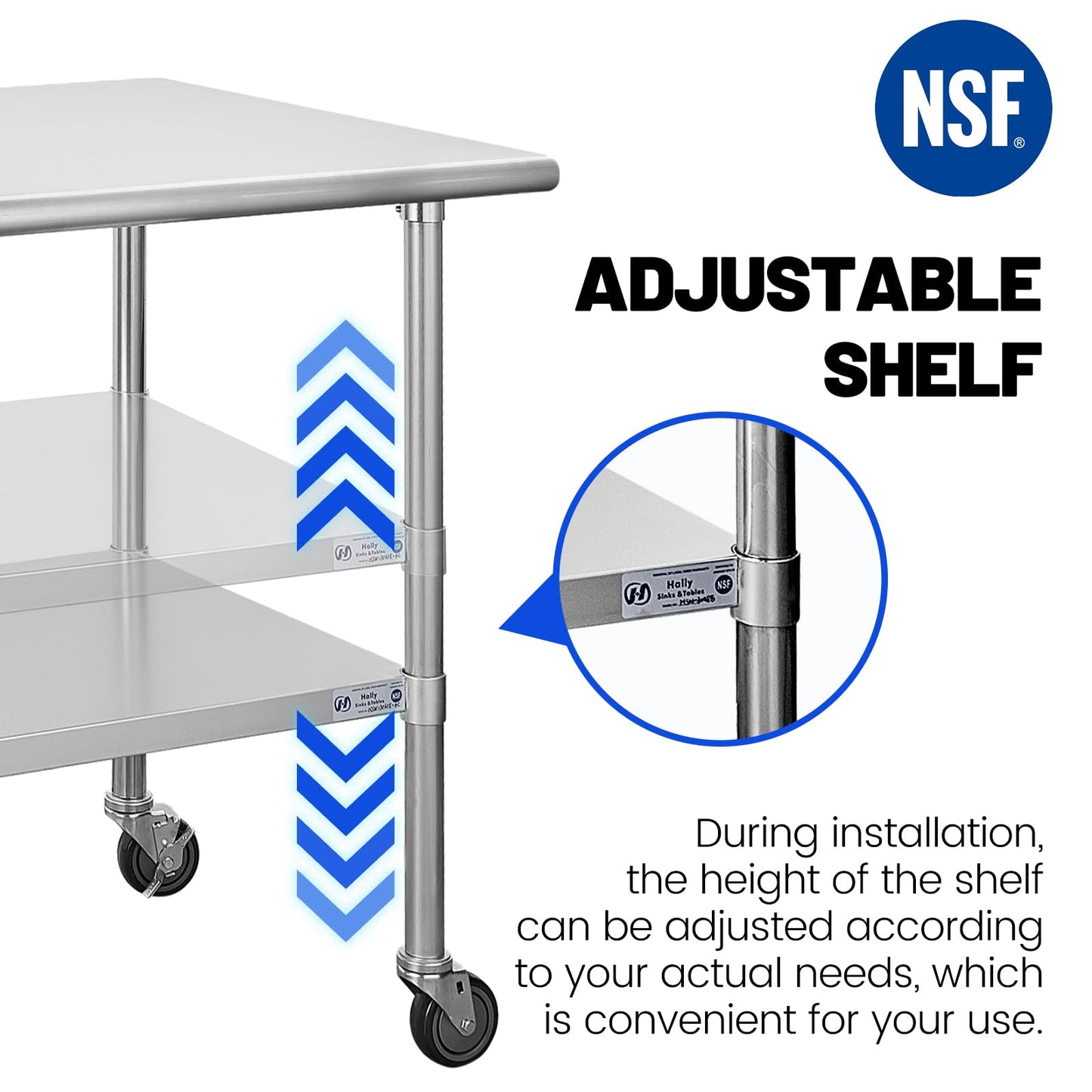 Hally Stainless Steel Table for Prep & Work 24 x 36 Inches with Caster Wheels, NSF Commercial Heavy Duty Table with Undershelf and Galvanized Legs for Restaurant, Home and Hotel