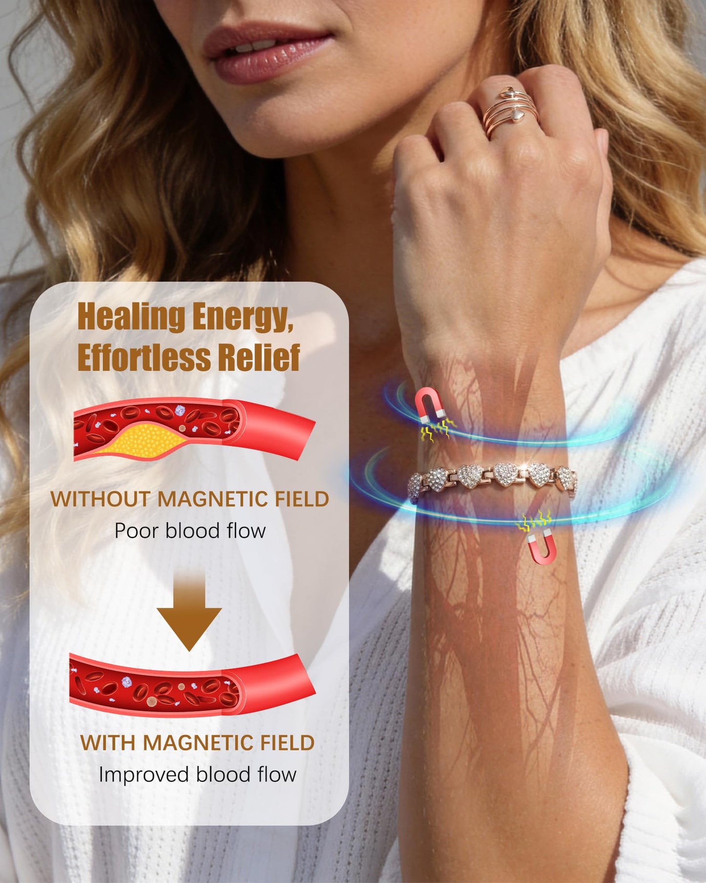 Jeracol Copper Bracelet & Ring for Women, Ultra Strength Magnetic Bracelet with 3800 Gauss Neodymium Magnets, Heart & Crystal Diamonds, Adjustable Tools and Jewelry Gift Box(Rose Gold)