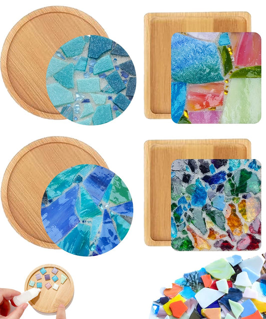 4 Sets DIY Mosaic Kits for Adults with Wooden Coasters, Mixed Color Glass Mosaic Tiles Craft Kits for Adults Women, Complete Mosaic Coaster Making Kit for Home Decor Gifts (4, Crystal Sand)