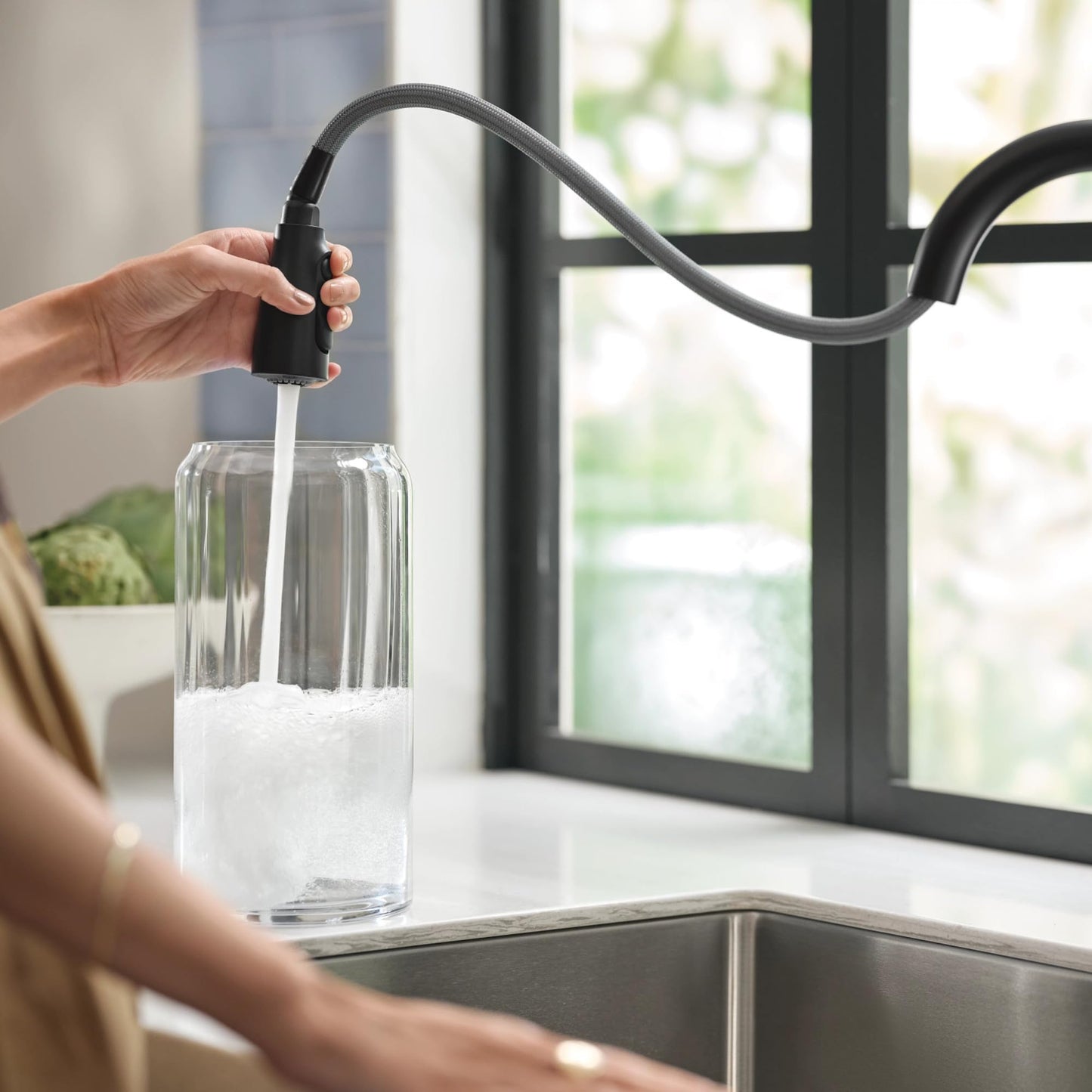Moen Orivesi Matte Black One-Handle High Arc Pulldown Kitchen Faucet with Power Boost, 87891BL