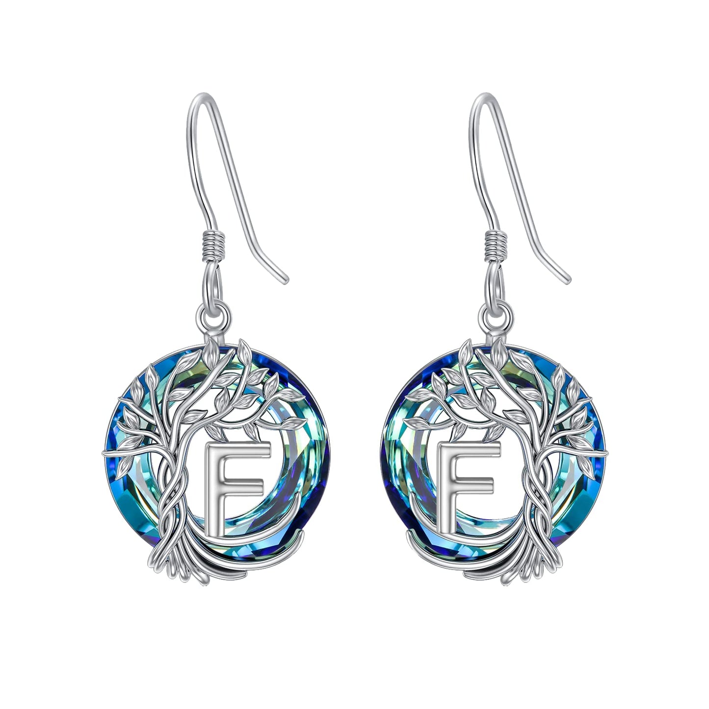 TOUPOP Tree of Life Initial Earrings Sterling Silver Initial F Letter Drop Dangle Earrings Blue Circle Crystal Family Tree Jewelry Birthday Mothers Day Gifts for Women Mom Her