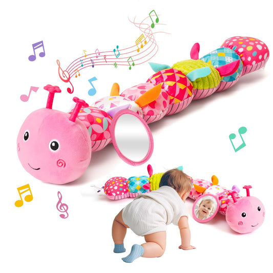 Baby Toys 0-6 Months, Musical Caterpillar Plush Toy with Rattles,Crinkle Sound, Mirror, Newborn Sensory Toys for Infants Developmental Stuffed Animal with Tummy Time for Boys Girls 6-12 Month (Pink)