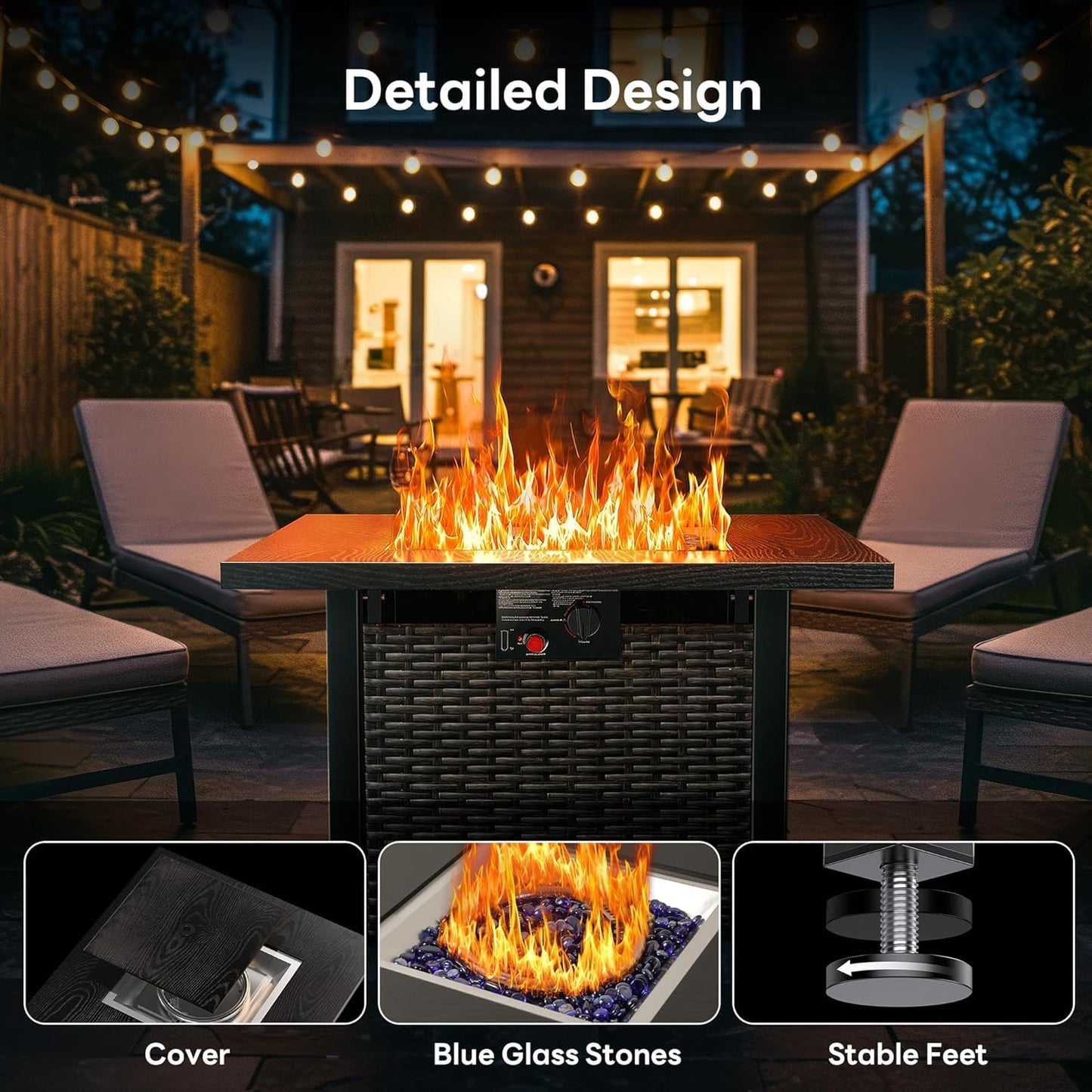 28 Inch Outdoor Propane Fire Pit Table, 50000 BTU Square Rattan Propane Fire Pit with Steel Tabletop & Removable Lid, 4-in-1 Gas FirePit Table with Glass Stones for Patio, Backyard