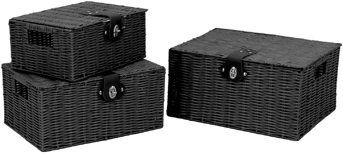 Homepeaz Set of 3 Woven Wicker Storage Basket Box with Lids & Lock, Built-in Carry Handles, Multifunctional Storage Organizer for Nursery, Baby, Clothes, Toys, Books, Large/Medium/Small Size (Black)