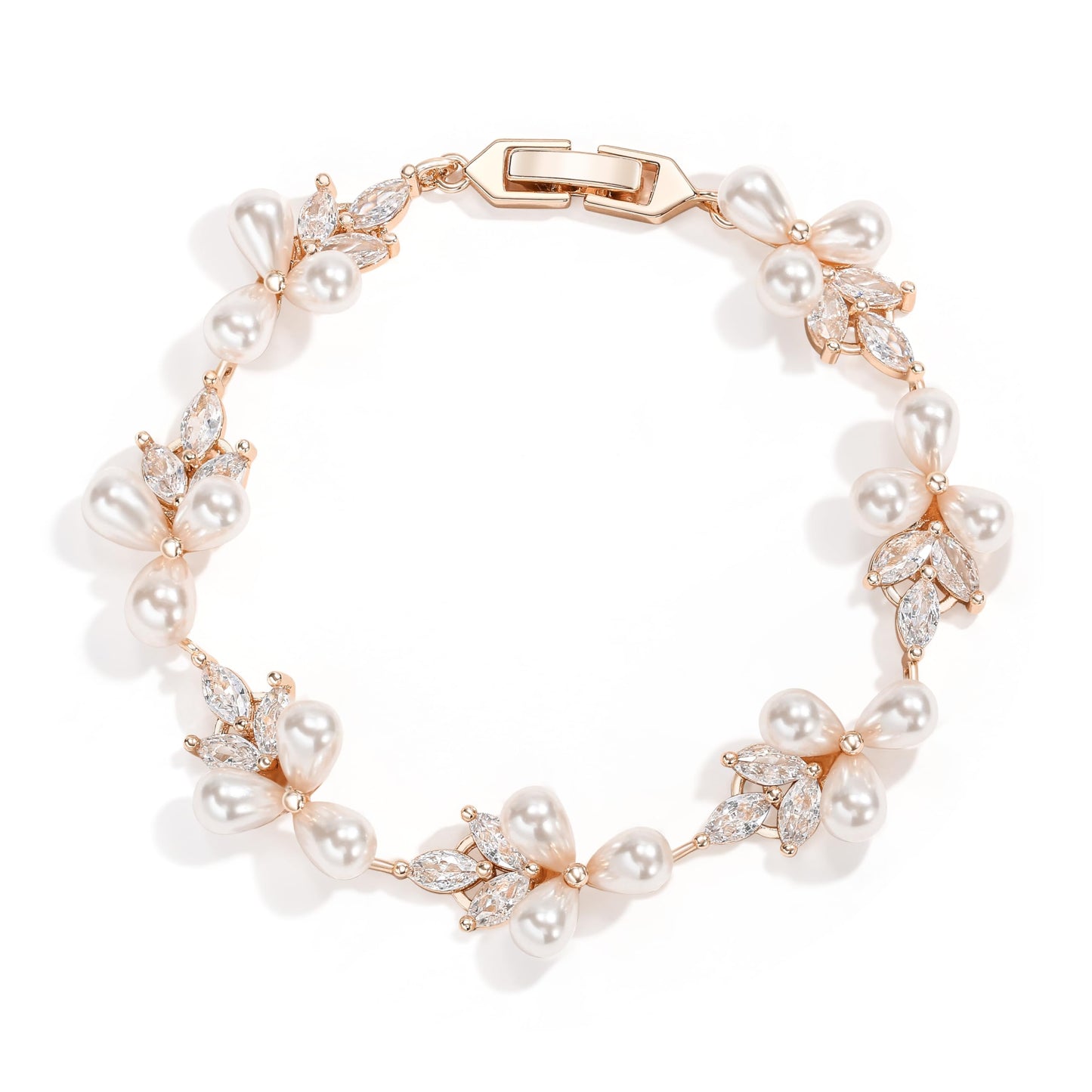 EVER FAITH Wedding Jewelry for Bride Marquise Cubic Zirconia Cream Simulated Pearl Floral Leaf Bridal Prom Tennis Bracelet for Women Clear Rose Gold-Plated-Brass