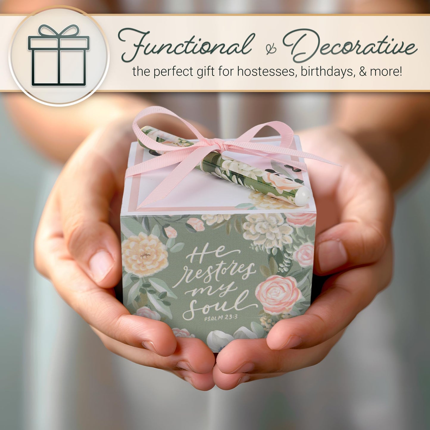 Christian Art Gifts Premium Inspiring Scripture Note Block Cube & Pen Set for Women: He Restores My Soul Encouraging Bible Verse, 750 Paper Sheets, Home & Office, White/Pink/Green Multicolor Florals