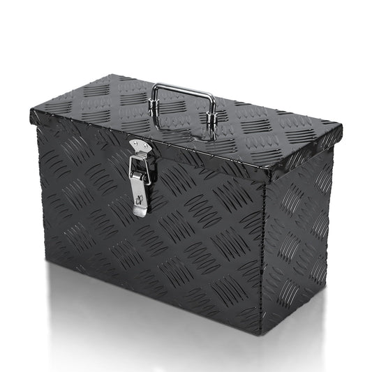 Vigorighter 16 Inch Truck Tool Box, Aluminum 16"X7.5"X10" Small Truck Storage Box with Top Handle, Heavy Duty Lockable Toolbox for Pickup,Truck Bed, RV, Trailer, Car, 5 Bar Tread Pattern, Black
