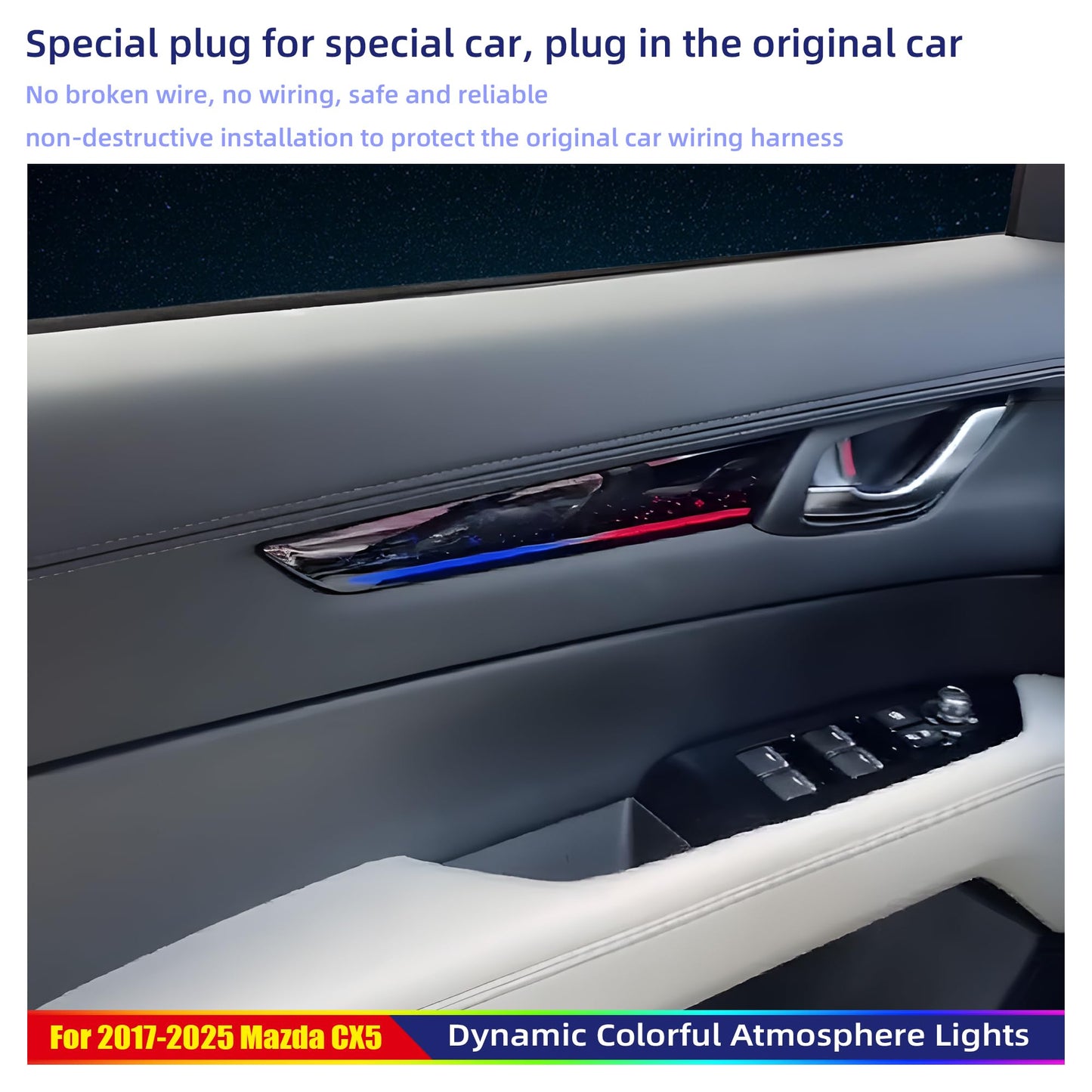 256-Color Interior Ambient Lighting Kit for Mazda CX-5 2017-2025 | 4 Door Panels + LED Strips + Footwell & Handle Lights | Music Sync, APP & Button Control