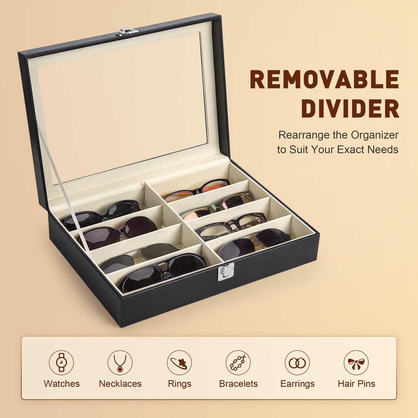 CO-Z Leather Multi Sunglasses Organizer for Women Men, Eyeglasses Eyewear Display Case with 8 Slots, Jewelry Watch Organizer, Sunglasses Jewelry Collection Case, Sunglass Glasses Storage Holder Box