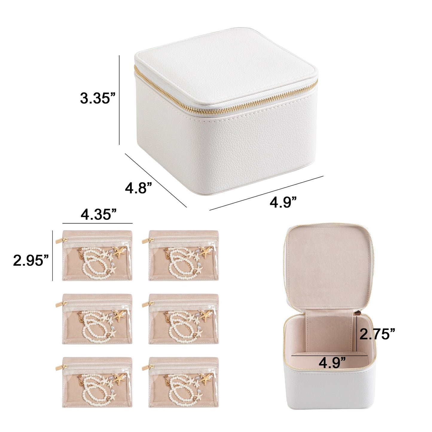 Frebeauty Small Travel Jewelry Box,Travel Jewelry Case with 6 Pouch Bags,Portable Travel Jewelry Organizer,Mini Jewelry Storage,3.35 x 4.9 x 4.8 Inches,Gift Idea for Women Girls (White)
