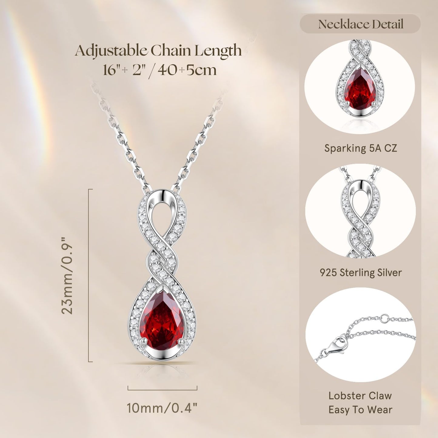 FANCIME Garnet Necklace January Birthstone Sterling Silver Dainty Infinity Knot Pendant Necklace Red Gemstone Fine Jewelry Anniversary Birthday Graduation Mothers Day Gifts for Women Mom